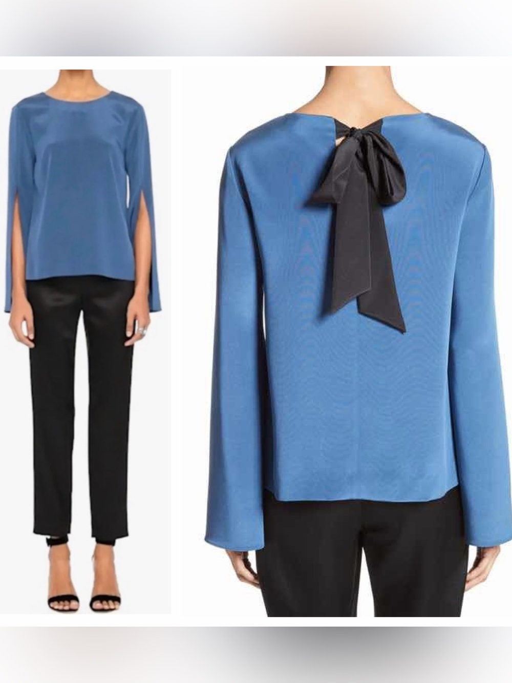 New St. John Blouse Blue Silk Blend Top Long Split Sleeve Black Tie Neck Small